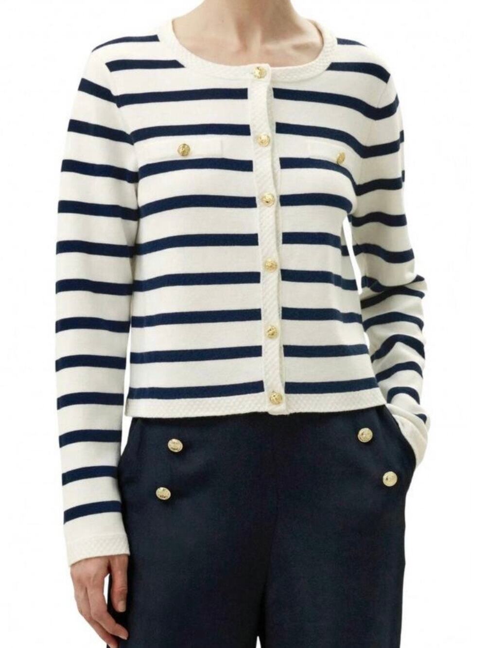 LILYSILK 100% Merino Wool Gariana Breton Stripe Cardigan Sweater Nautical Preppy